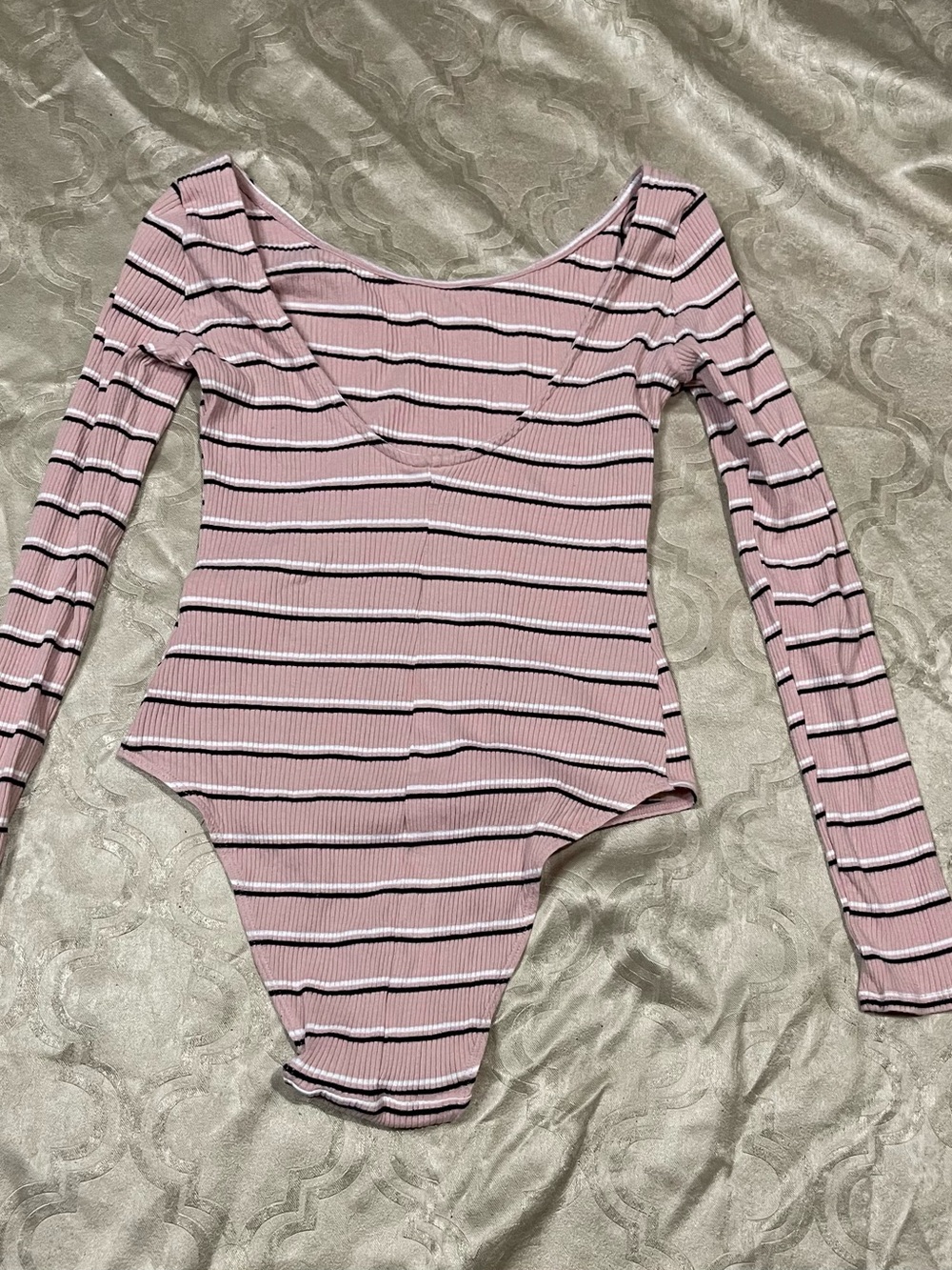 H&M Pink, Black & White Striped Ribbed Long Sleeve Bodysuit